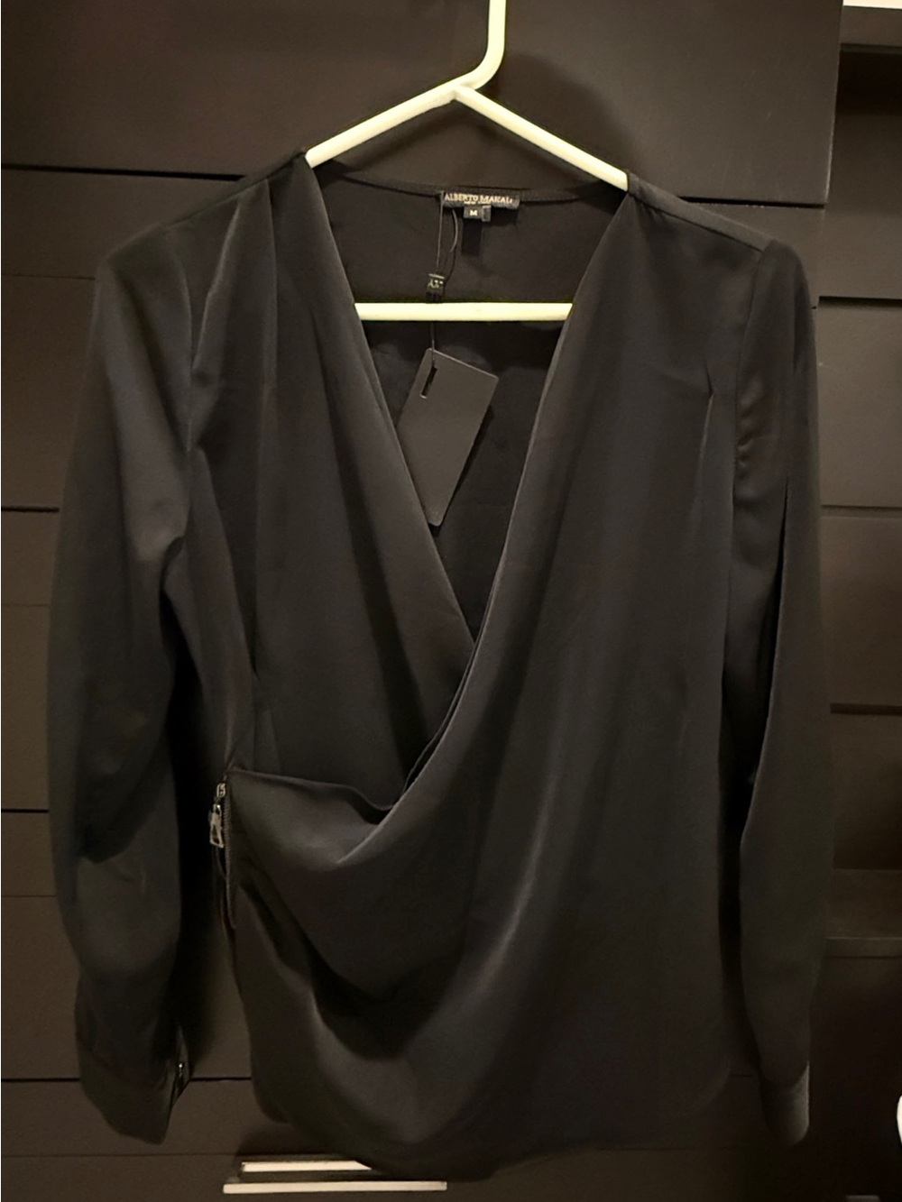 Alberto Makali Black Drape-Front Long Sleeve Side Zipper Top